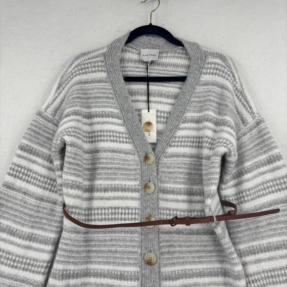 Pink Rose Belted Duster Cardigan Sweater Dress Size XL Gray White Stripe - Picture 2 of 12